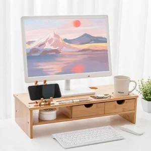 Bamboo Monitor Stand with Drawer, Smartphone Slot, Cable Management