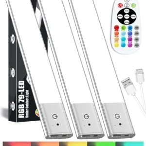 Kasanfe 3-Pack Under Cabinet Lights Wireless RGB Rechargeable Remote Control